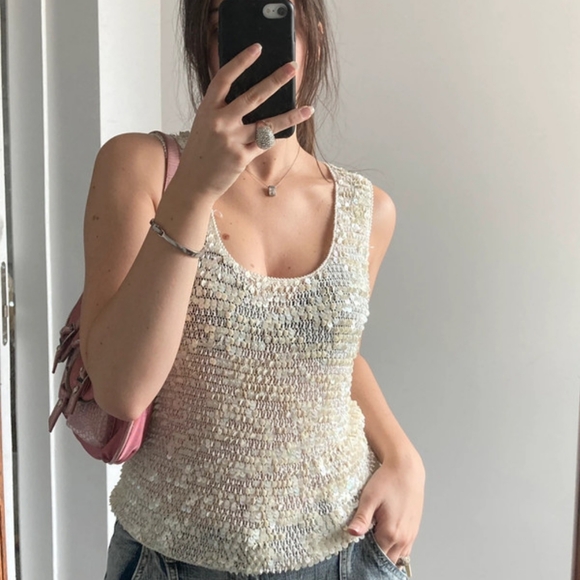 The perfect summer vintage sequins top: cream, shiny paillettes - Picture 3 of 5